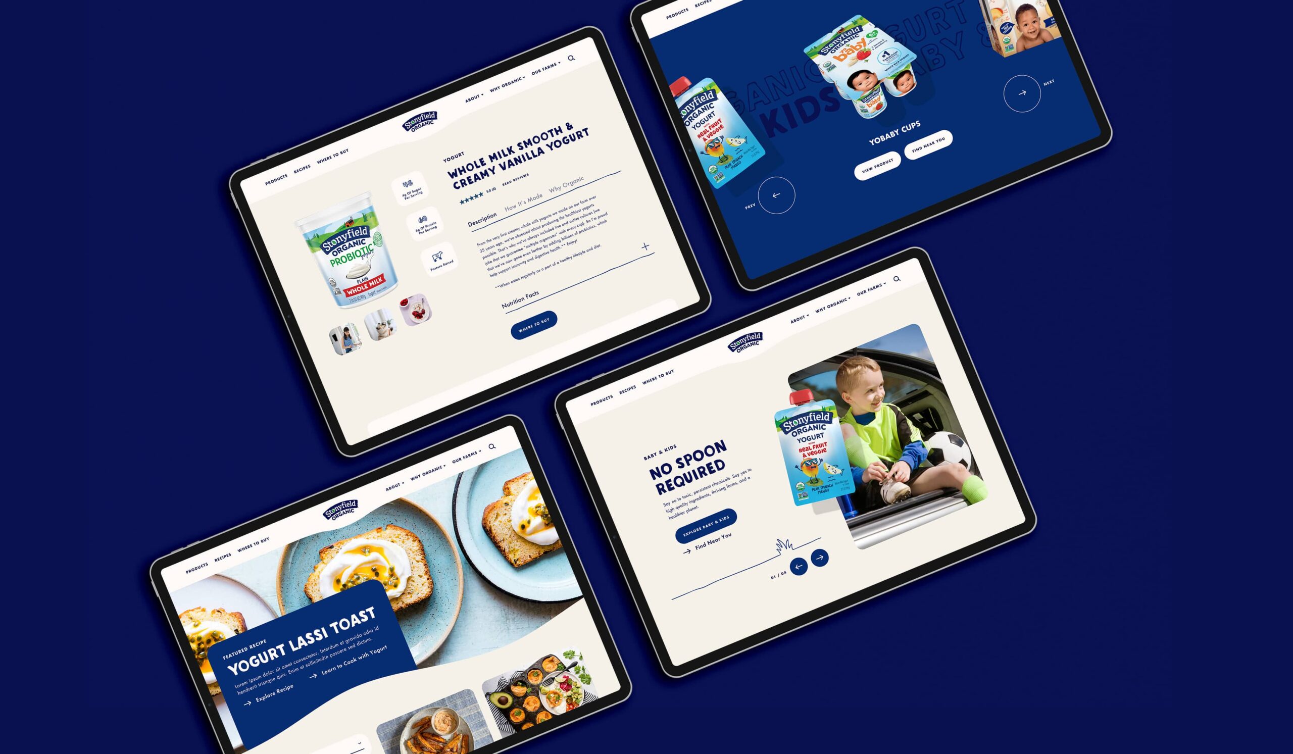 Responsive web design for Stonyfield Yogurt shown on tablets